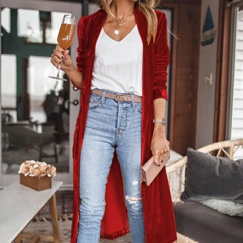 Red Casual Women's Solid Color Velvet Front-Open Jacket - Picture 1 of 6